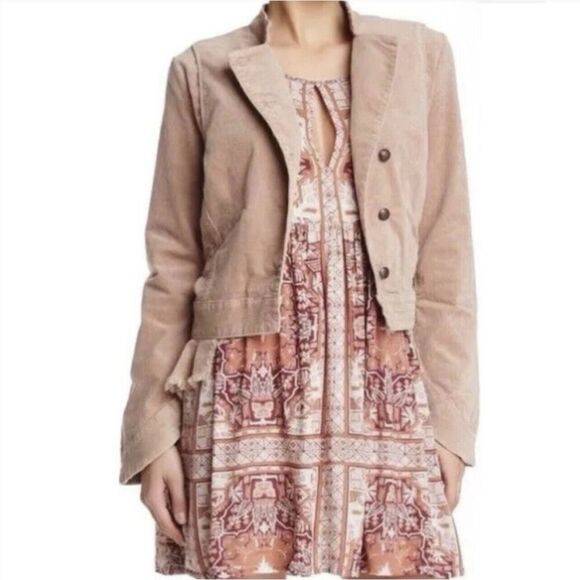 Free People Velvet Military Blazer Womens Small Pink Raw Ruffled Hem Jacket - Picture 3 of 13